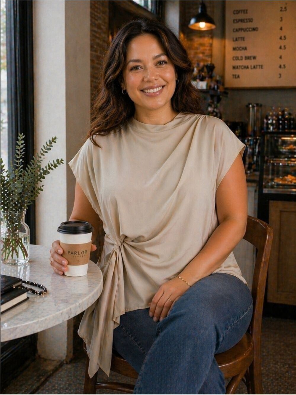 Neutral Draped Tie Top 1X Minimal Chic Office Blouse
